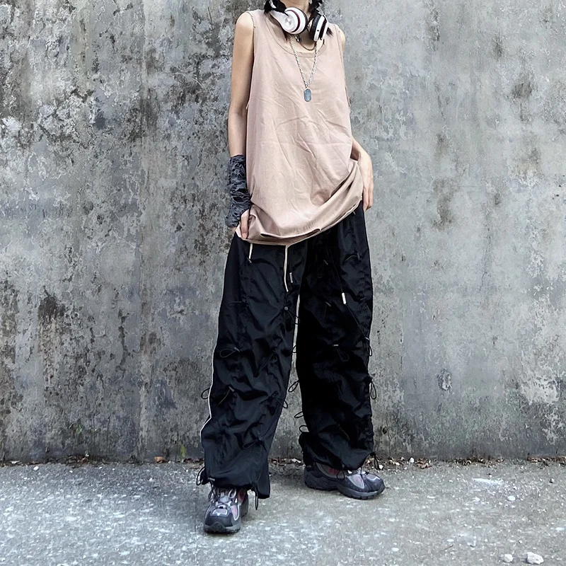[EAM] High Elastic Waist Green Drawstring Wide Leg Long Trousers New Loose Fit Pants Women Fashion Tide Spring Autumn 2020 1X847
