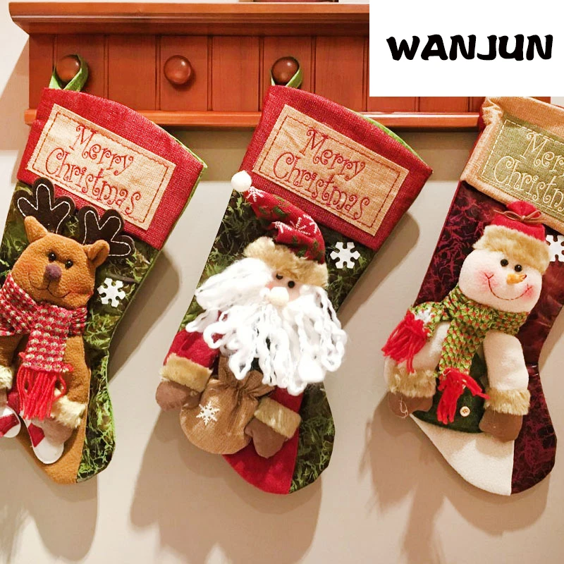3pcs 18" Christmas Stocking Decor Large Stockings Santa Snowman Xmas Character for Family Holiday Christmas Party Decorations