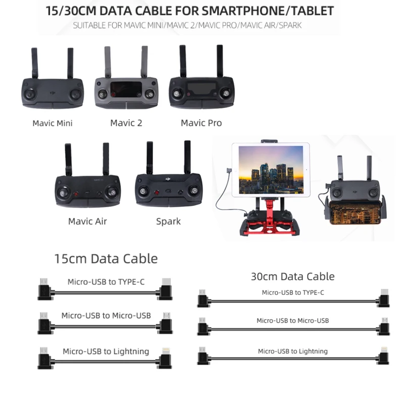 Micro-USB to Lightning/TYPE-C/Micro-USB Data Cable Smartphone Tablet 15/30cm Line for DJI MAVIC MINI/MAVIC 2/MAVIC AIR/Spark