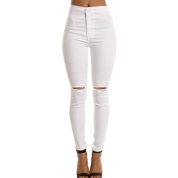

Stretchy Knee Hole Ripped Jeans Women High Waist Skinny Jeans Trousers Daily Casual DIN889