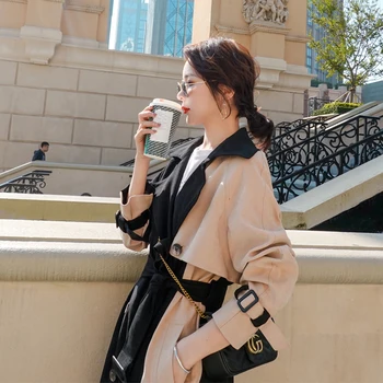 

2020 Spring And Autumn New Korean Women's Stitching Hit Color Long Windbreaker Fashion Casual Wild Jacket Coat Black S-XL