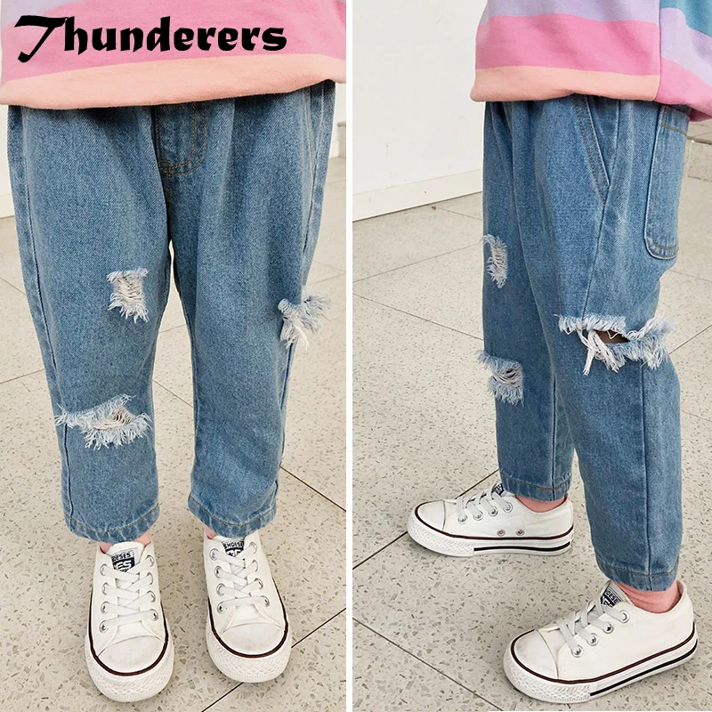 

Thunderers Spring Autumn Kids Jeans For Girl Boy Ripped Big Hole Children Denim Trousers Loose Harem Pants Baby Pants Clothes