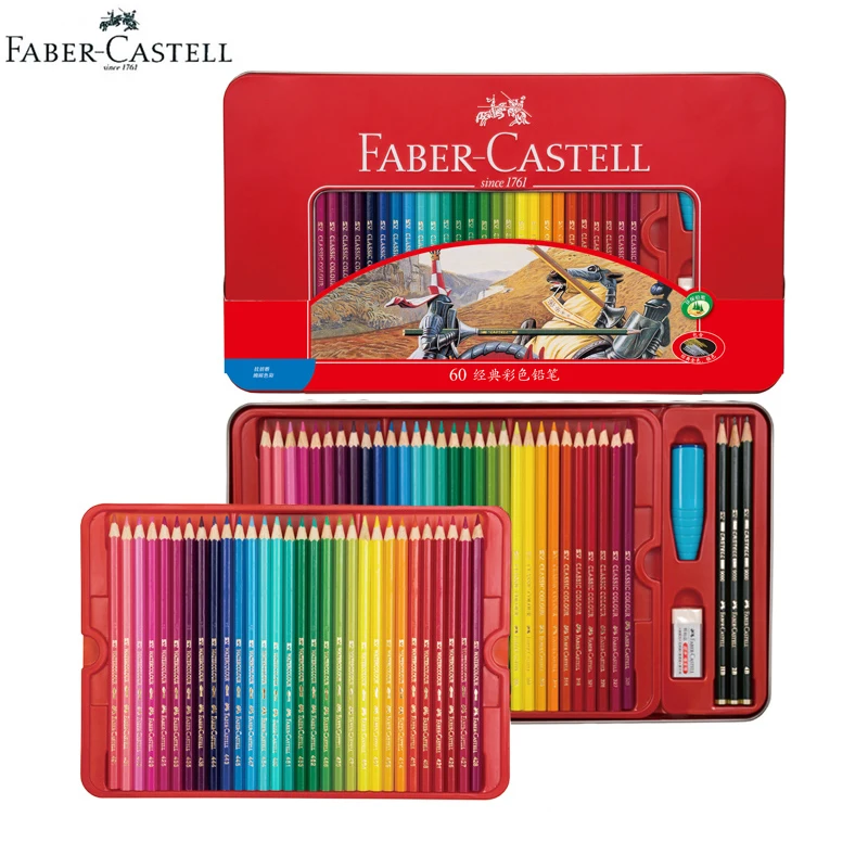 Faber Castell Classics Oily Colored Pencils Knight Tin Set with Metallic Color Pro Paint Pencil 48/60 Wooden Art Pastel Crayons faber castell watercolor pencils 24 36 48 60 72 tin set water soluble premier colored pencil aquarell soft paint wooden crayons