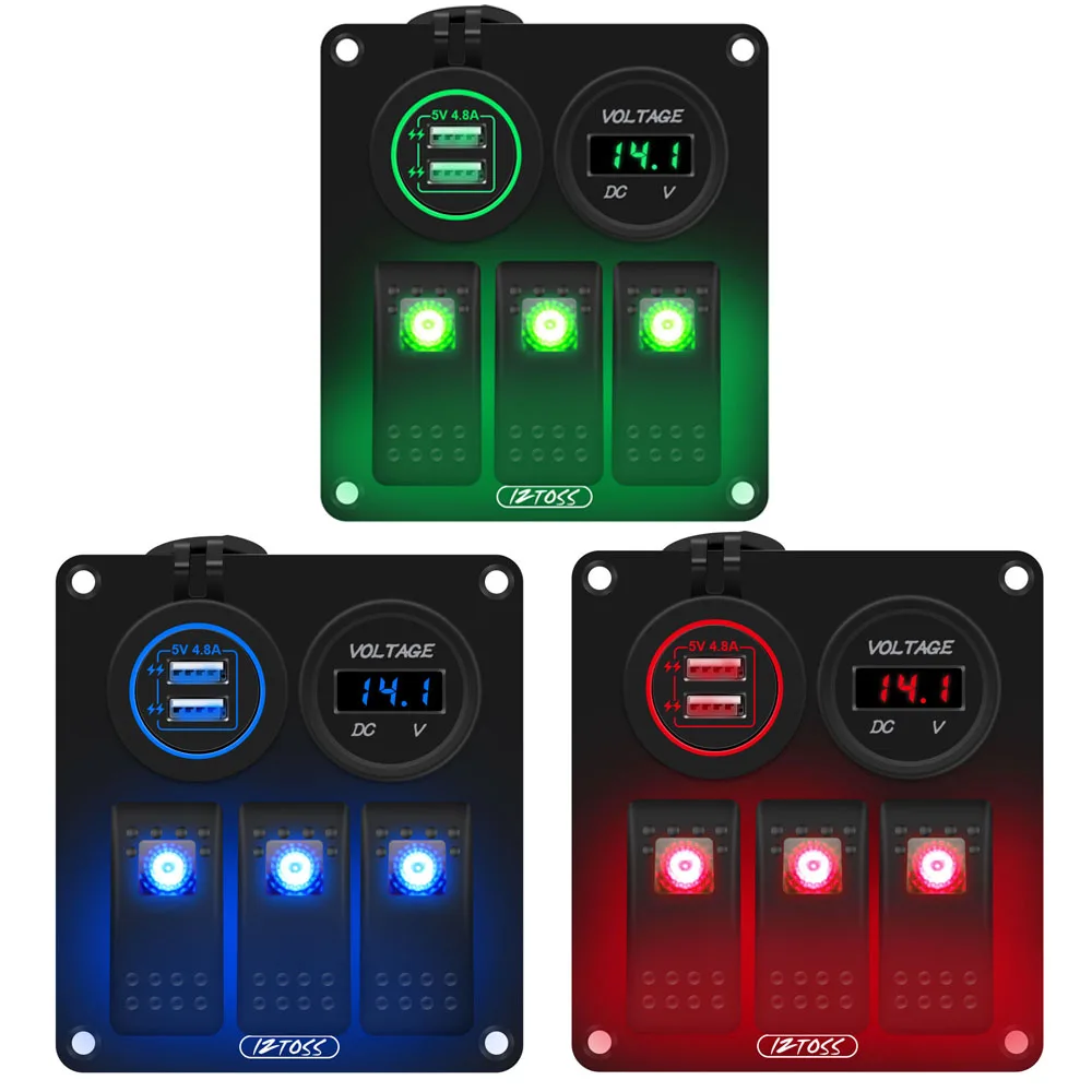 

3 gang Rocker Switch Panel 12V/24V with 4.8A Dual USB Charger and LED Digital Voltmeter for Marine Boat Car Rv