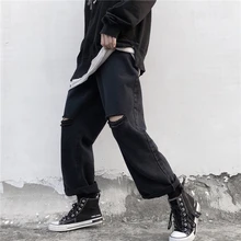 Корейские рваные джинсы, женские винтажные штаны с высокой талией для женщин, большие размеры, свободные модные джинсы, женские прямые джинсовые джинсы, femme