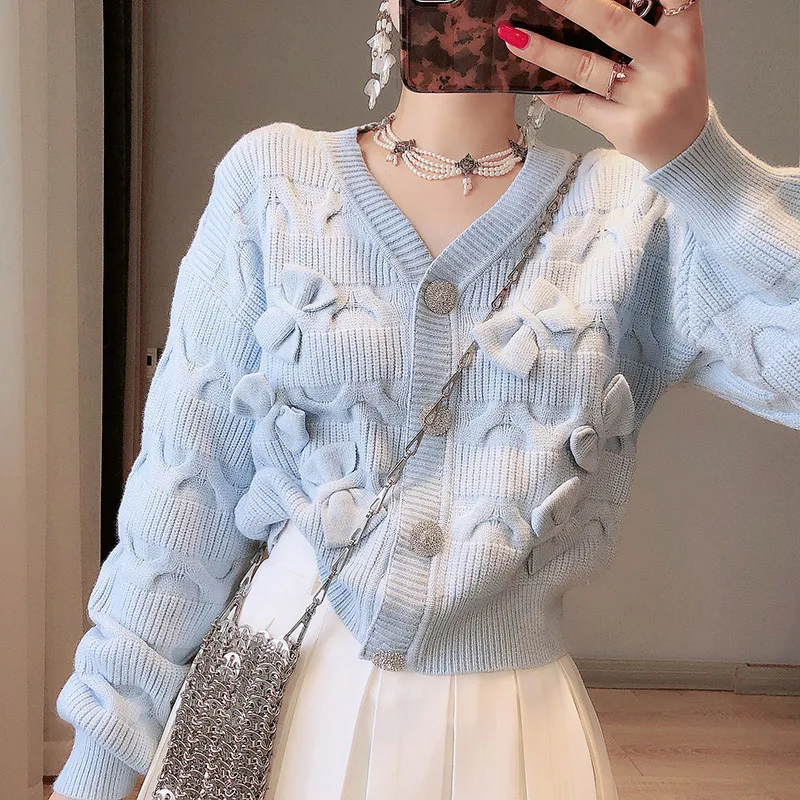 

Sky Blue Crochet Cropped Cardigan 2021 Autumn Crop Top Cardigan Women Bows V Neck Crystal Buttons Short Cardigan Sweater