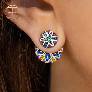 

2020 New Fashion Asymmetric Colorful Crystal Gold Circle Oval Stud Earrings For Women Bohemian Rainbow Rhinestone Earring