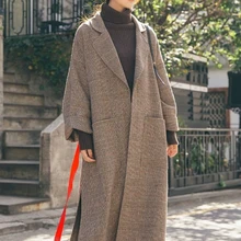 Новая зимняя Женская шерстяная куртка Корейская версия ретро длинный пояс пальто Хепберн длинный рукав клетчатое шерстяное пальто женская верхняя одежда