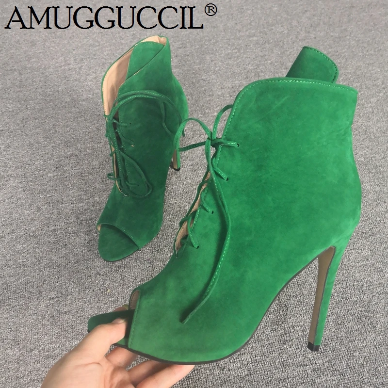 

2019 New Plus Big Size 35-52 Green Lace Up Peep Toe Fashion Sexy High Heel Autumn Females Lady Women Summer Boots X1864