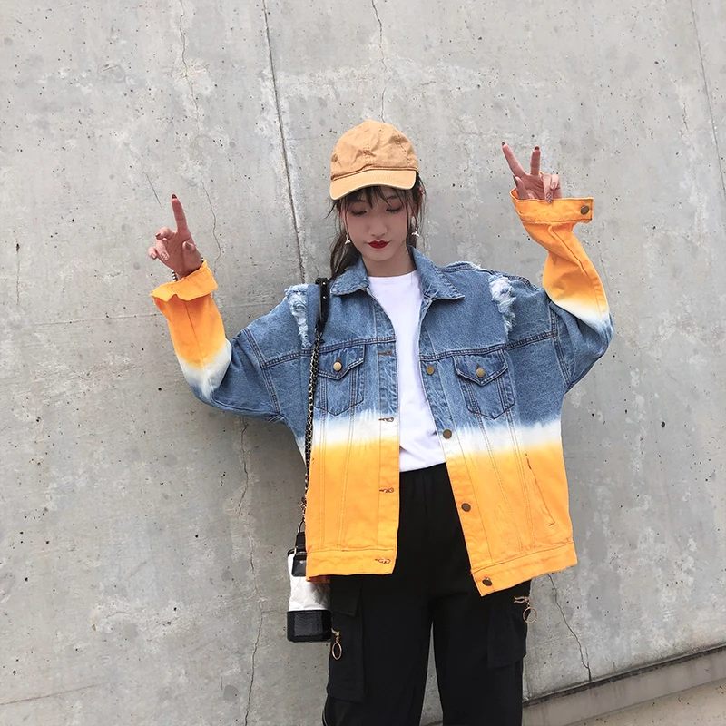 

Women Loose Vintage Gradient Frayed Hole Denim camperas de mujer Spring Streetwear Oversized Jean jacket Casual Long sleeve Coat