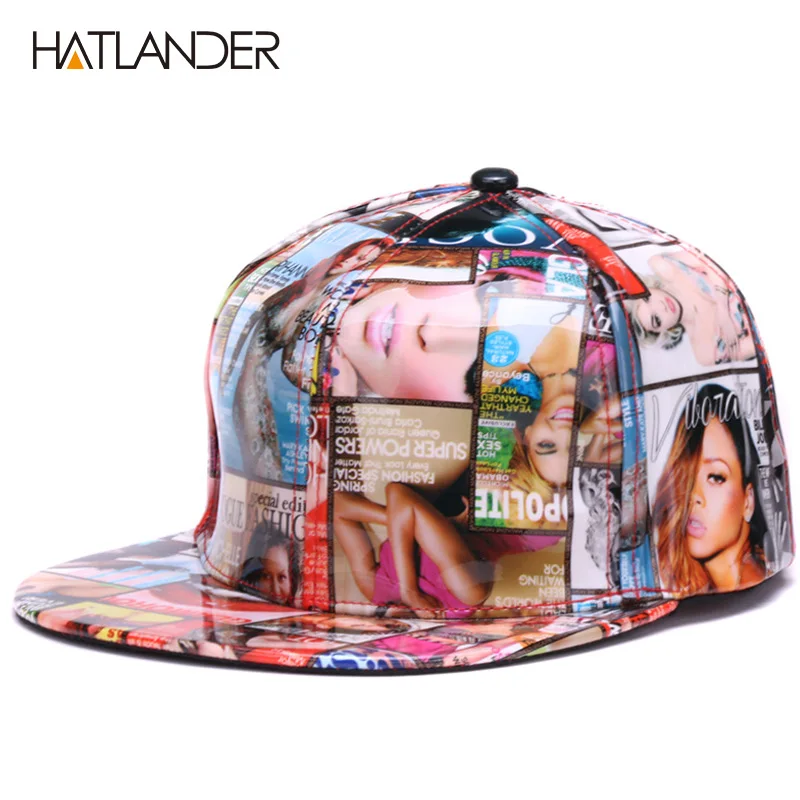 HATLANDER, модные кожаные бейсболки для женщин, полная печать, Снэпбэк кепки, крутая хип-хоп шапка, кепка, мужские Регулируемые спортивные шапки из искусственной кожи