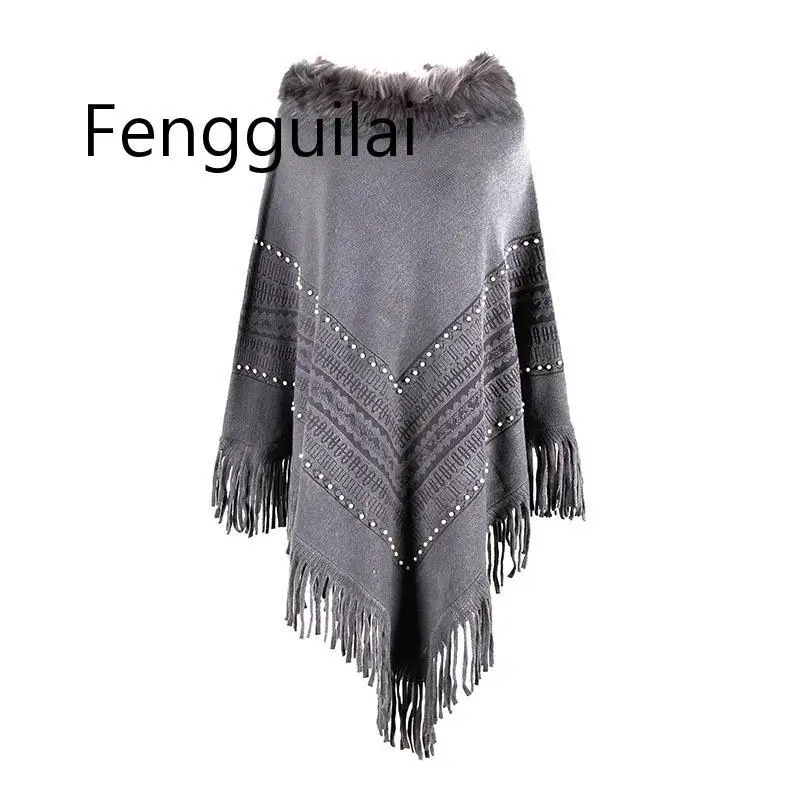 FENGGUILAI New Sweaters 2020 Faux Fur Collar Pullovers Autumn Winter Knitted Outwears Elegant Beading Cloaks Purple Tassel Wrap FENGGUILAI New Sweaters 2020 Faux Fur Collar Pullovers Autumn Winter Knitted Outwears Elegant Beading Cloaks Purple Tassel Wrap