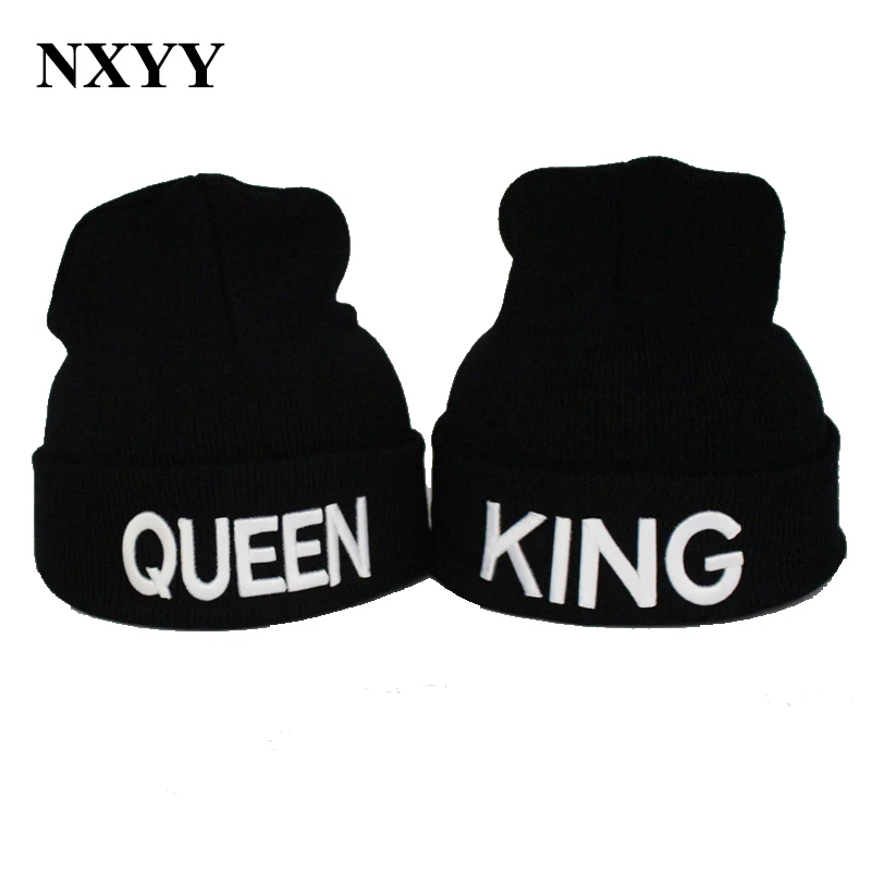 

NXYY KING QUEEN Embroidered Caps Black Solid Beanie Caps Warmer Bonnet Hip Hop Hat Knitted Cap Lovers Hats for Couple Men Women