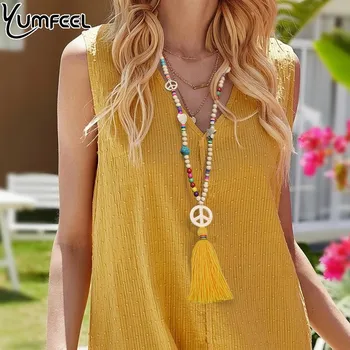

Yumfeel New Bohemian Boho Necklace Tready Tassel Beaded Peace Symbol Pendant Necklace Jewelry