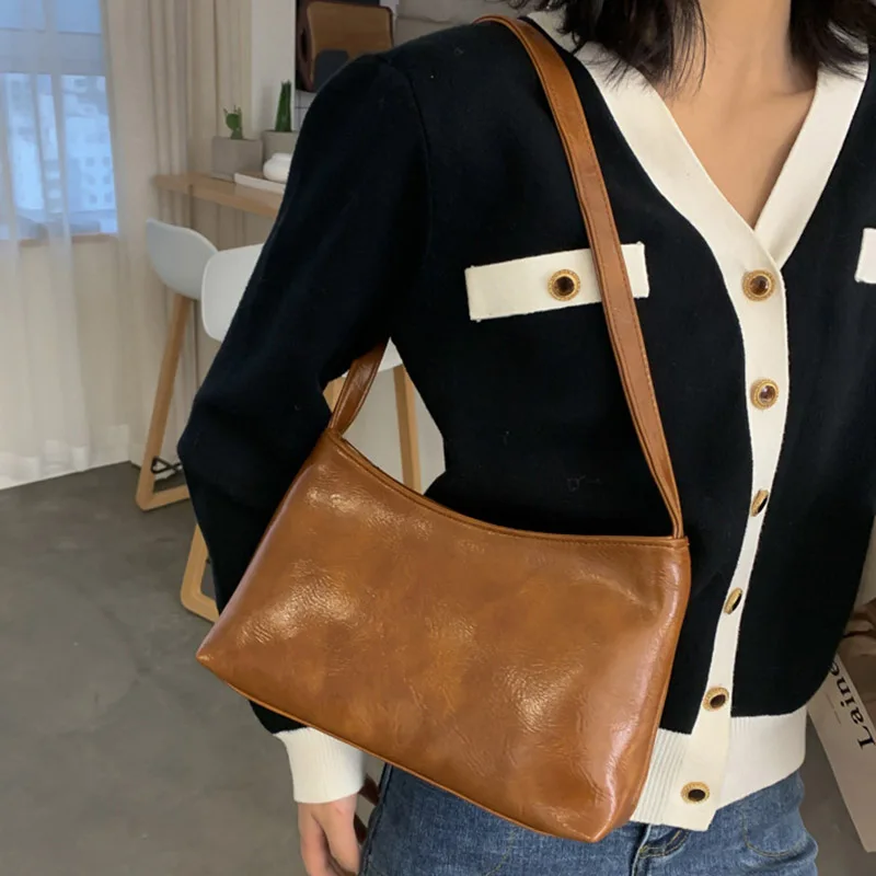 

Vintage Baguette Women's Bag PU Leather Shoulder Bag Simple Solid Color Lady Handbag Designer Armpit Bag Girls Shopping Purse