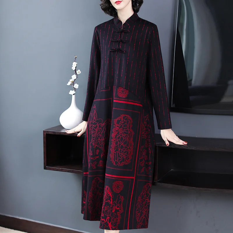 

2019 Autumn And Winter WOMEN'S Dress Origional Loose And Plus-sized Retro Frog Fashion Floral Printed Dress National Wind Long S