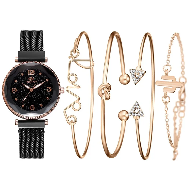 5 шт./компл. Роскошные Для женщин часы браслет звездное небо магнит часы Дамская мода кварцевые часы комплект женские наручные часы Relogio Feminino - Цвет: Black Set