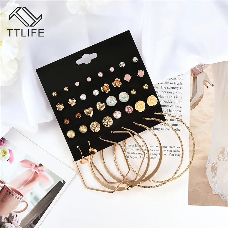 

TTLIFE 20Pairs/Set Alloy Resin Rhinestone Zircon Pearl Flower Earrings for Women Cute Heart Small Stud Earrings for Women 2020