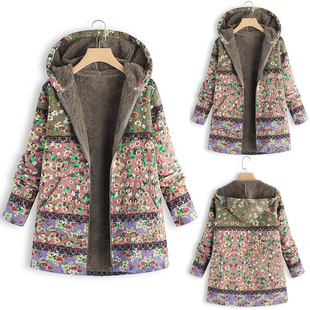 Женское зимнее пальто размера плюс с цветочным принтом, Женское пальто с капюшоном и длинным рукавом, винтажное женское флисовое плотное пальто с пряжкой# G1