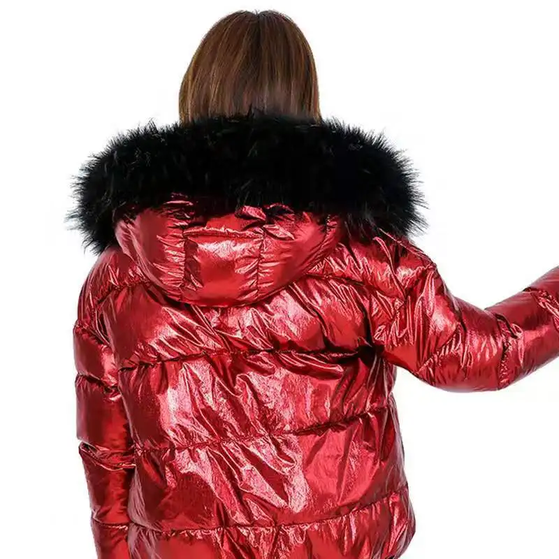 Яркий черный пуховик, зимняя женская хлопковая одежда размера плюс, куртки с плюшевой подкладкой, теплая Женская куртка с капюшоном из искусственного меха XXL - Цвет: Красный