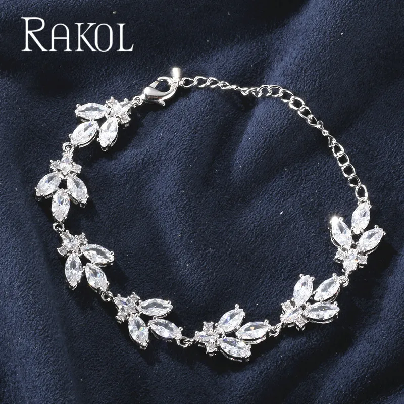 Классические Прозрачные браслеты RAKOL с кубическим цирконием в виде листьев, браслеты для женщин, вечерние аксессуары для свадебного платья - Окраска металла: White Color