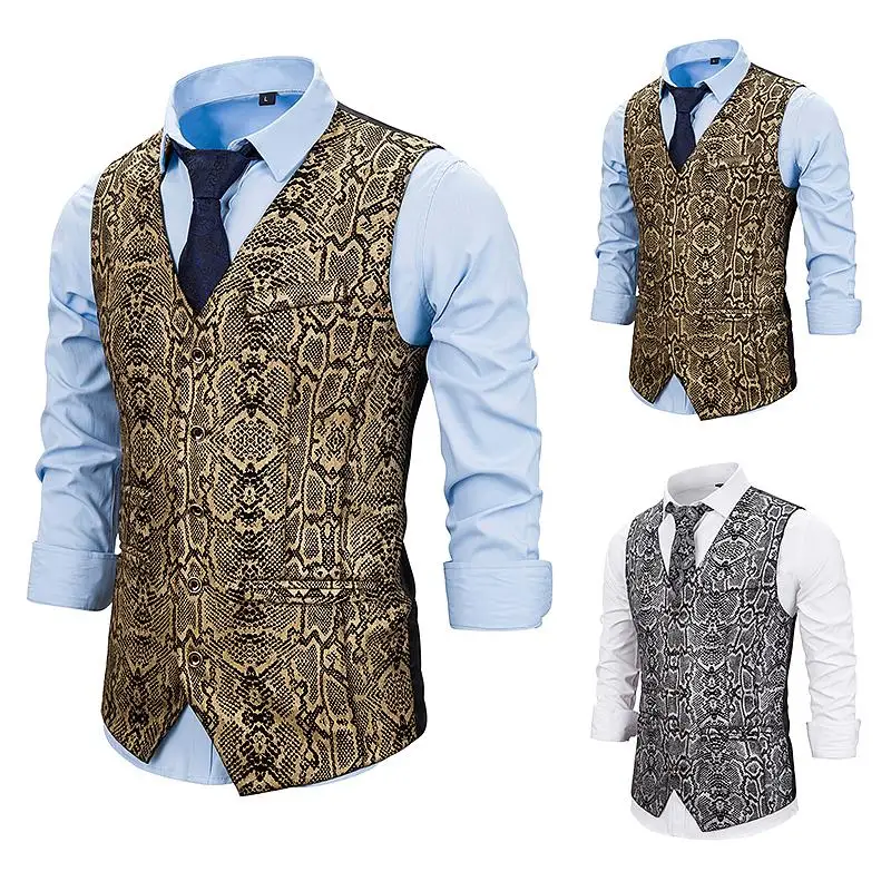 PUIMENTIUA 2019 Male Gold Steampunk Slim Fit Single Breated Wedding Sleeveless Slim Fit  Vests For Men Single Buttons Waistcoat
