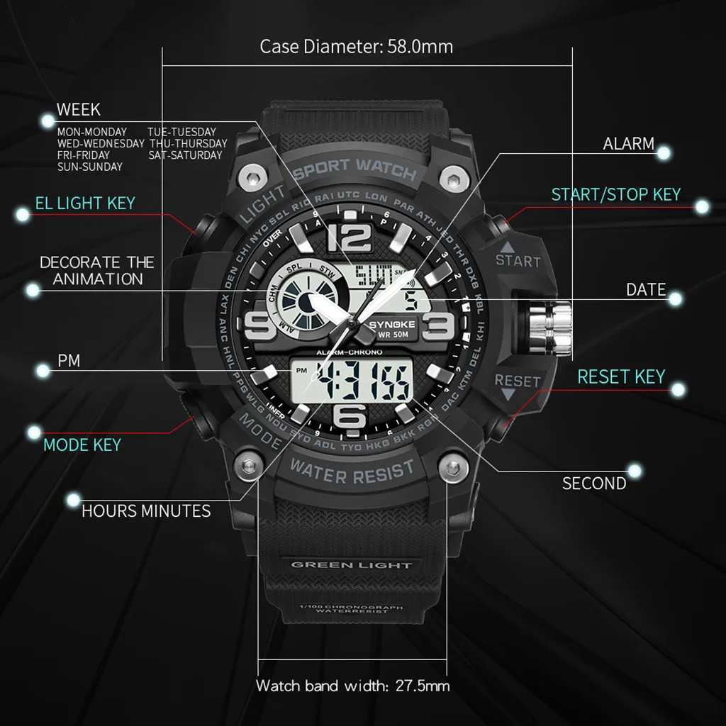 SYNOKE электронные часы для мужчин Спорт двойной дисплей водонепроницаемый часы Многофункциональный Открытый Pu Группа мужские наручные часы Montre Homme 40