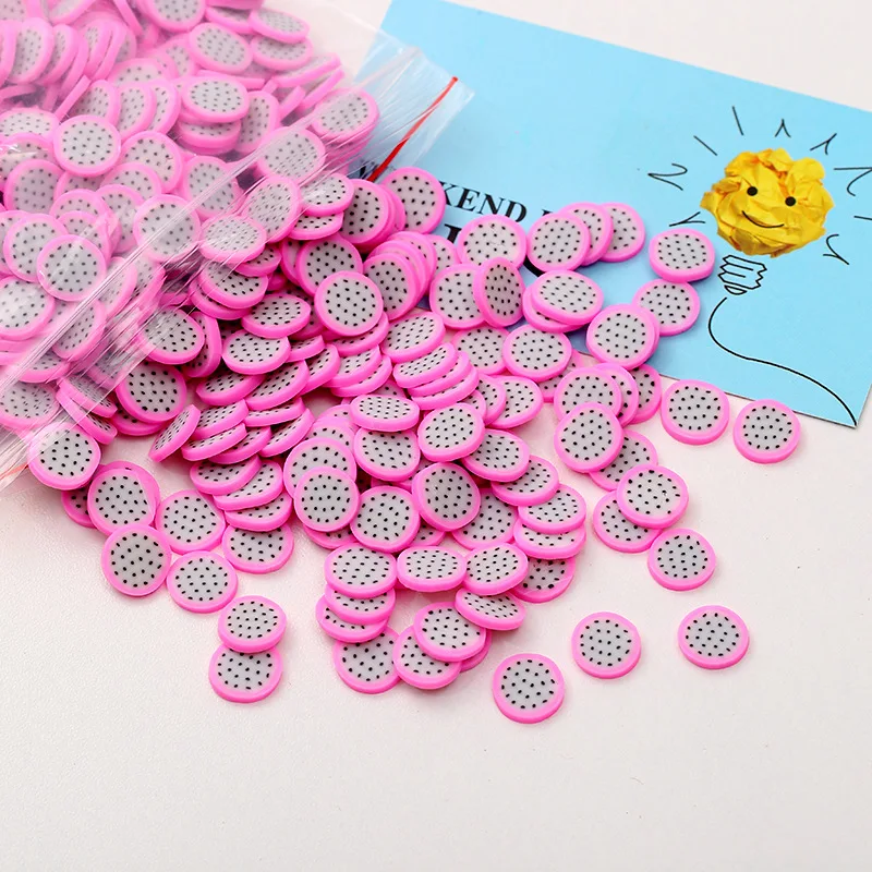 50 г/лот, мягкая полимерная глина, фруктовый ломтик Fimo, разбрызгивает слизи, материал для наполнения, поддельный торт, десерт, пищевые частицы, украшение 10 мм - Цвет: No.1 dragon fruit