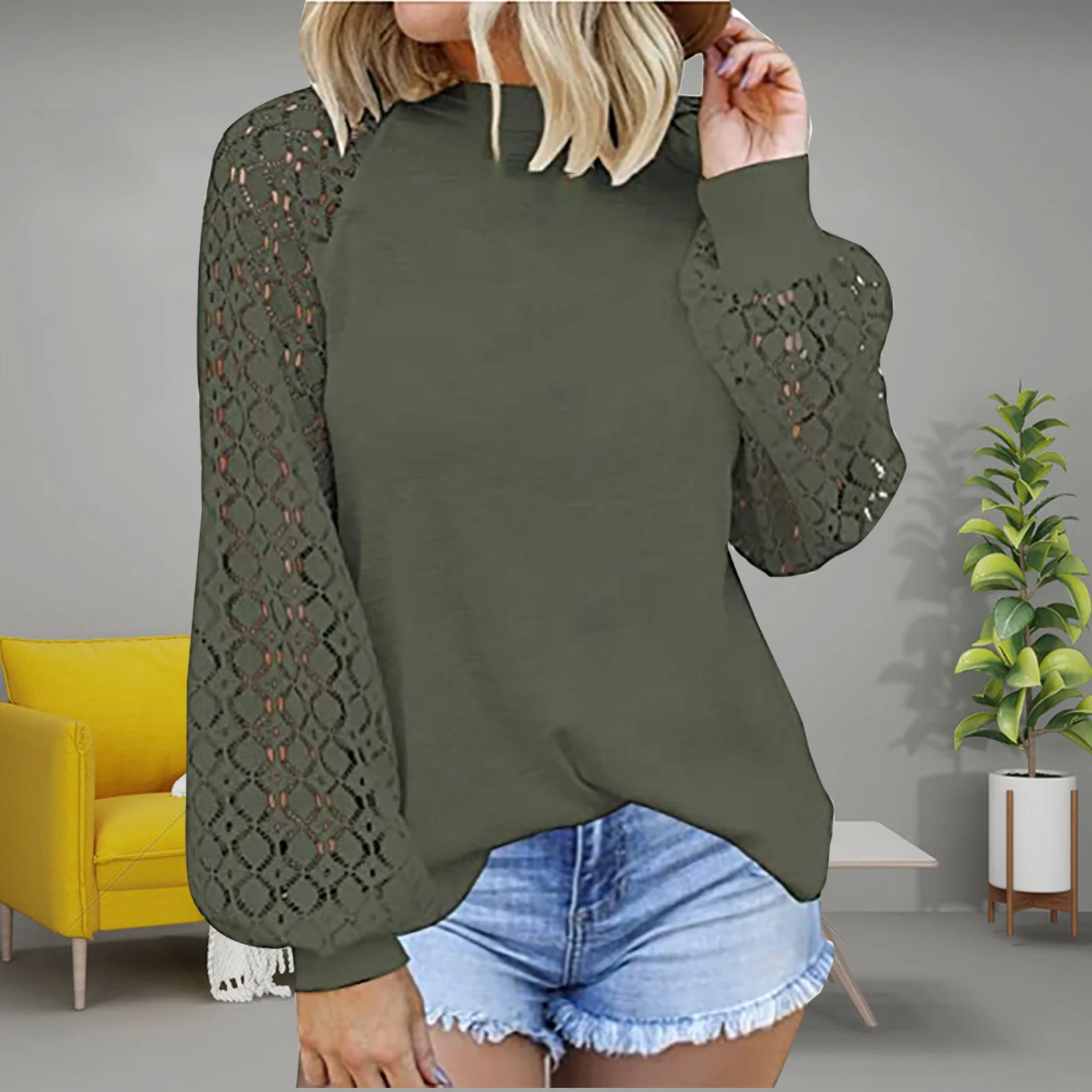40#Ladies Blouses Fashion Round Neck Lace Hollow Long Sleeve Casual Loose Pullover Flannel Shirt Women cuellos falsos de mujer 10