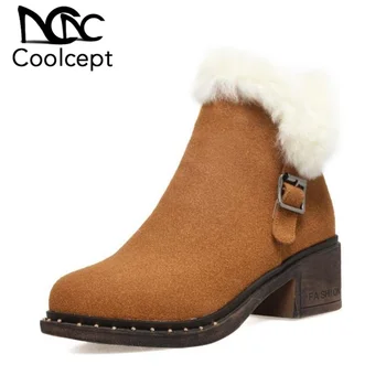 

Coolcept Size 32-43 Women Ankle Boots Warm Thick Fur High Heel Winter Shoes Women Zipper Buckle Fashion Snow Boot Lady Footwear