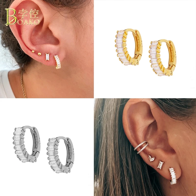 

BOAKO 925 Sterling Silver Hoop EarringS INS Earrings Rectangular Zircon Earings Wild Silver Earrings For Women Female S925 Aros