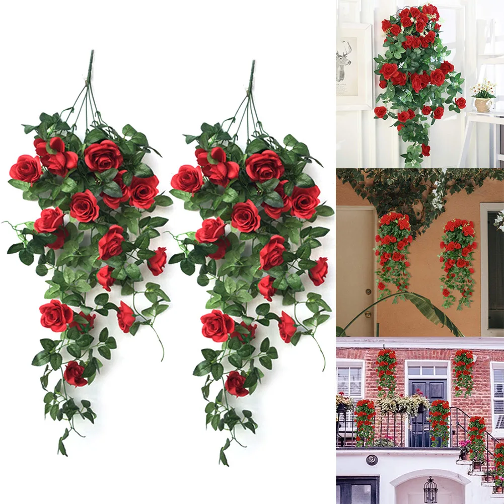 

Artificial Silk Roses Flowers Fake Flowers Hanging Fake Plants Leaves Wall Home Balcony Basket Romantic Wedding Home Decoration