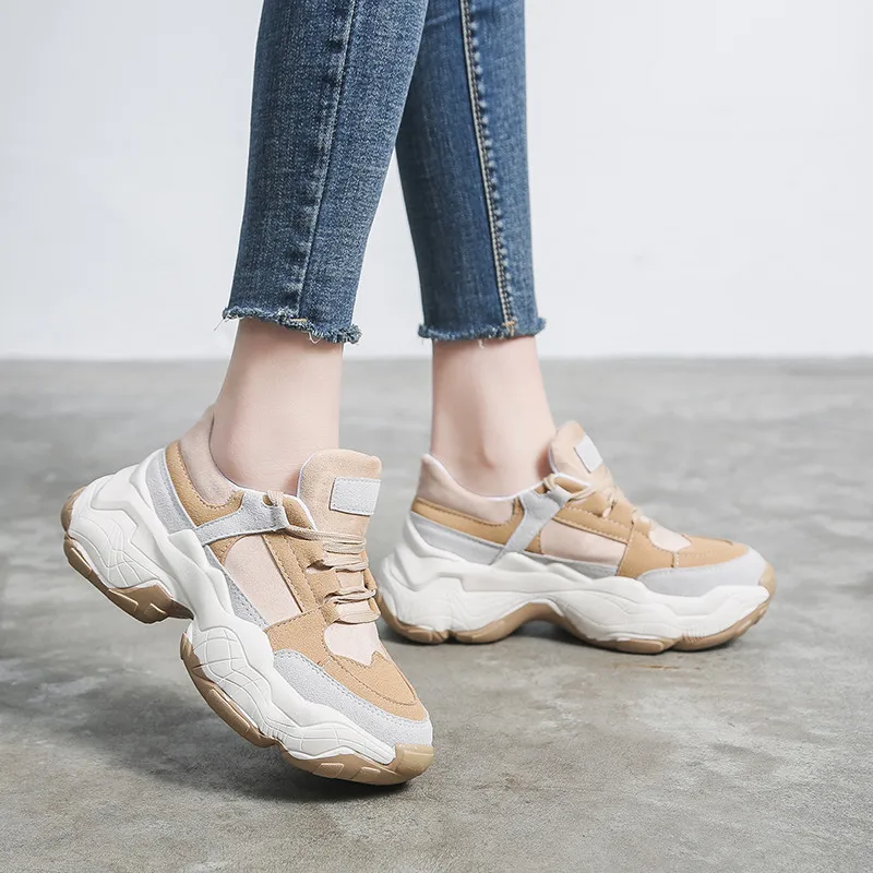 autumn casual shoes woman lace up round toe vulcanize shoes platform sneakers student 5cm bottom comfortable flats