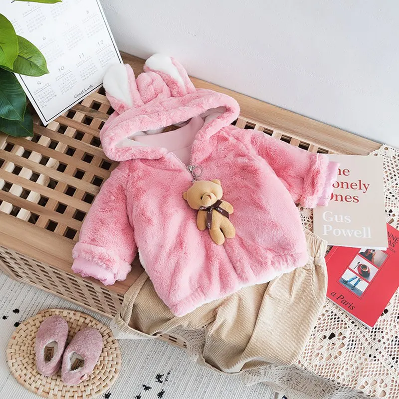 Pink Теплое зимнее Детское пальто для девочек кардиган для детей новорожденных с капюшоном из искусственного меха, Вельветовая верхняя одежда, пальто Верхняя одежда Casaco WT917 - Цвет: Pink