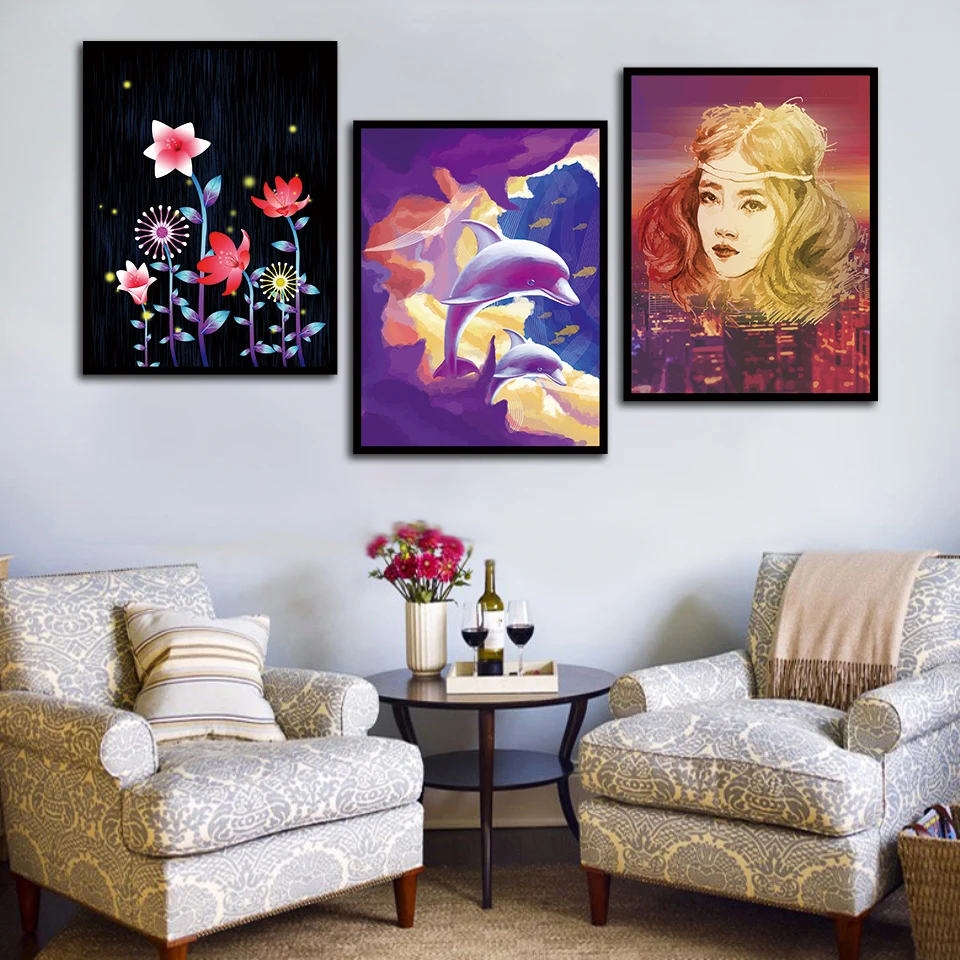 

Abstract cartoon lotus girl avatar and dolphin Nordic Style Wall Art Canvas Print Painting Modern Living Room Decor Picture