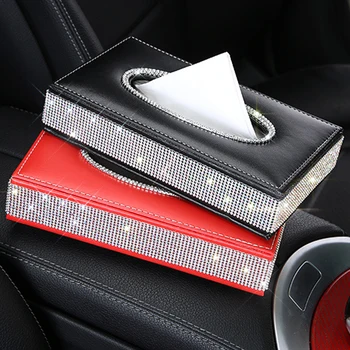 

PU Leather Rhinstone Tissue Box Center Console Car Armrest Glittering Tissue Box Car Styling