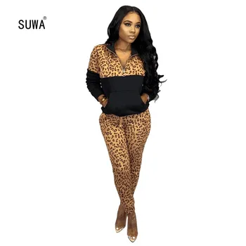 

Leopard Patchwork Pullover Zip Pocket T-shirt Top And Pencil Trousers Wholesale Spring Sport Wear Casual Women Suit Tracksuit