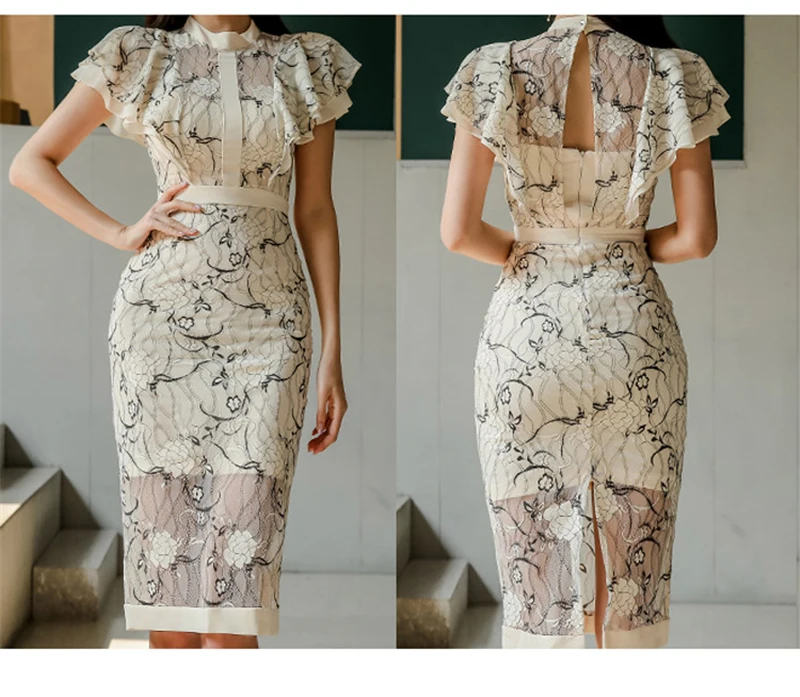 Кружевное платье-карандаш женское платье-футляр с рукавом-бабочкой элегантное облегающее платье в стиле пэчворк хип-пакет Клубные вечерние платья TA1849