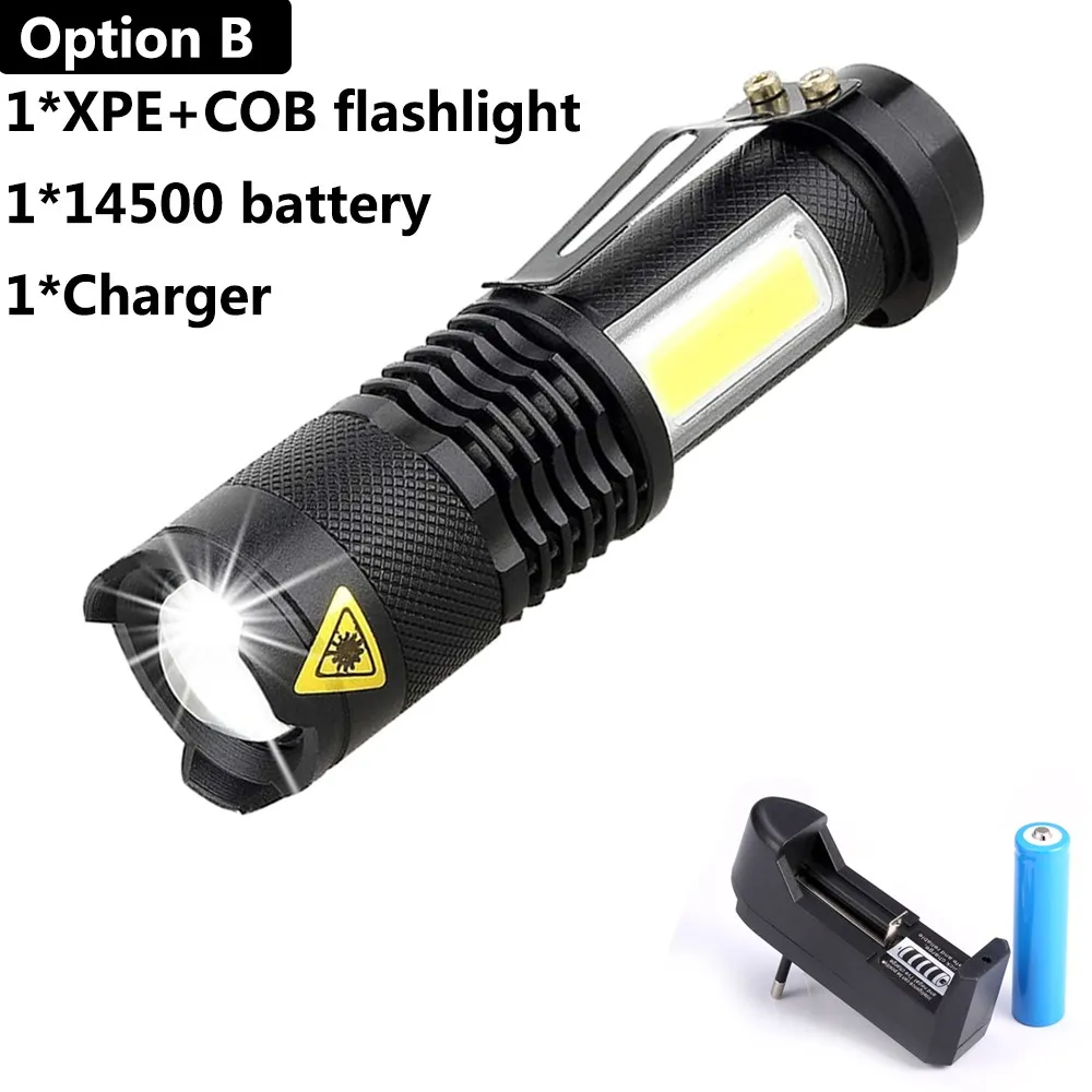 With Charging sets Портативный светодиодный фонарик Q5+ COB Mini Black 2000LM Водонепроницаемый светодиодный фонарь с зумом, фонарик с батареей AA 14500 - Испускаемый цвет: With Charging sets