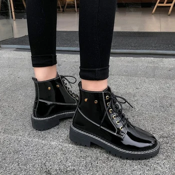 

Aleafalling Women Boots Soft Leather Lace Up Shinny Black Leather Waterproof Lady Shoes Solid Outdoor Girl's Metal Shoes