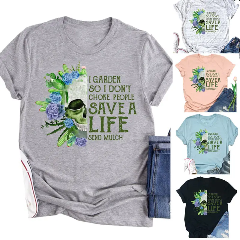 

Women Skull I Garden Graphics Soft Casual Top Short Sleeve Hipster Trendy Funny Ladies Aesthetic Summer Streetwear Tee T-Shirt