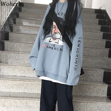 Woherb модная Корейская уличная одежда толстовки женские осенние Топы мультяшный принт длинный рукав Толстовка Повседневная японская мода пуловер