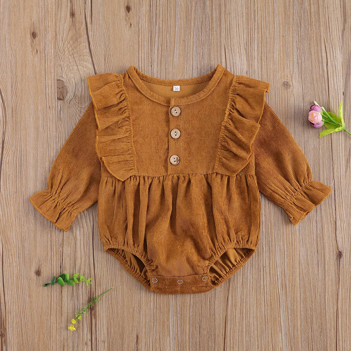 Infant Baby Girl Corduroy Romper Newborn Baby Girl Solid Causal Long Sleeve Jumpsuit With Button Closure Spring Autumn Clothing
