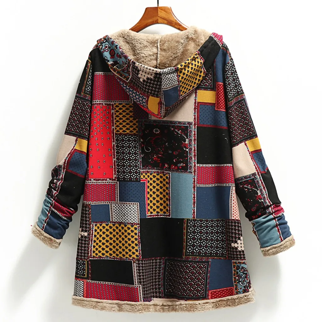 Winter Vintage Women Coat Warm Printing Thick Fleece Hooded Long Loose Jacket with Pockets For Ladies 