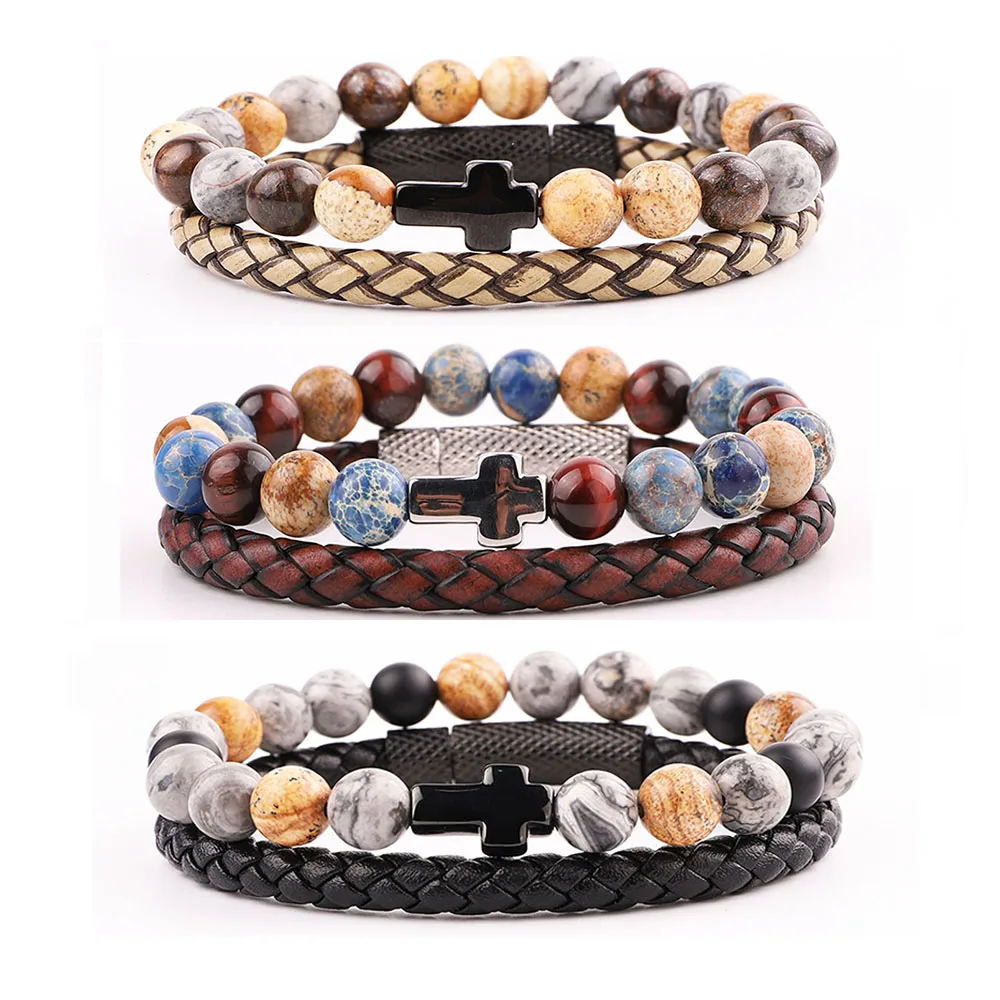 High Quality New Design Stainless Steel Cross Natural Stone Vintage Genuine Leather Bracelet Men