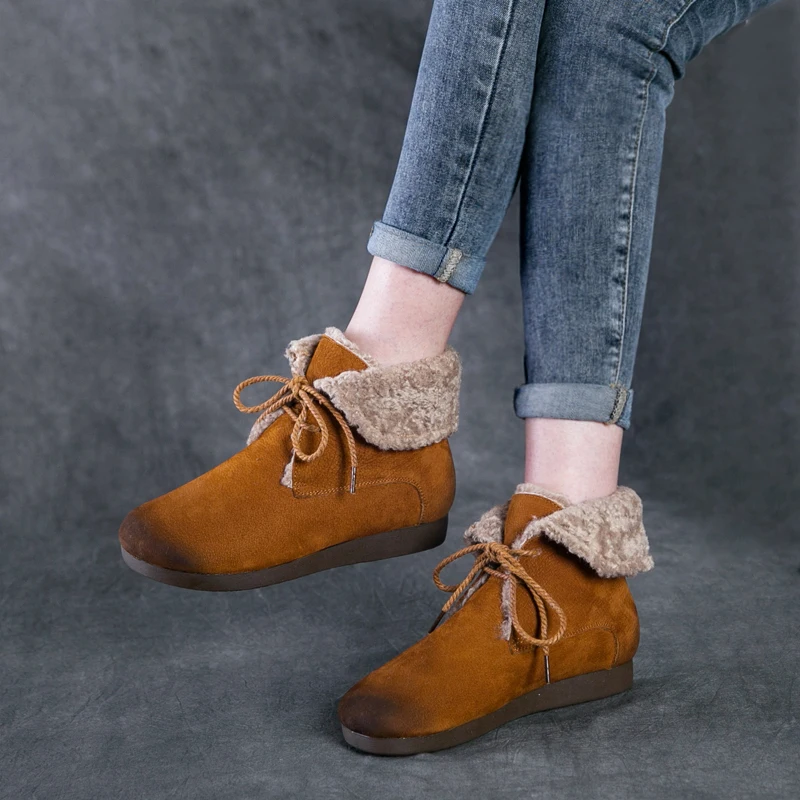 

Women Leather Snow Boots Warm Shoes Flat Heels Winter Boots Women Soft Genuine Leather Handmade Ankle Boots Martin Riding Shoes