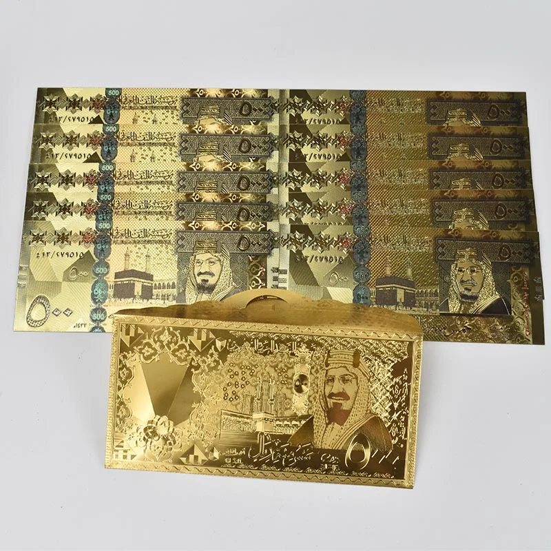 

10pcs/lot Saudi Arabia Colored Gold Banknote 500 Riyals Plated Banknote With gold foil envelope Packaging for Collection Gifts