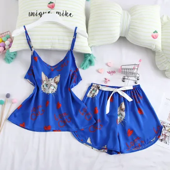 

Summer Print Pajamas Sets Silky Satin 2PCS Sleepwear V-neck Strap Top&Shorts Female Casual Pyjamas Suit Home Clothes