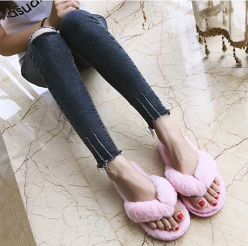 

Winter Fashion Women Home Slippers Faux Fur Warm Shoes Woman Slip on Flats Female Fur Flip Flops Pink Plus Size 36-41