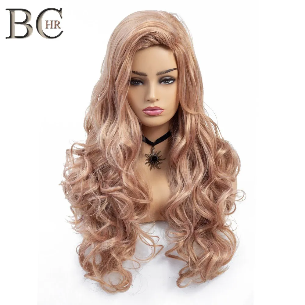 Bchr Long Wavy Synthetic Wig For Women Wig Rose Gold Color Wigs 28 Inch